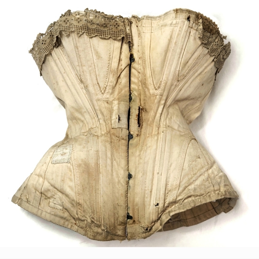 Antique Victorian French Corset With Whale Baleen Boning And Lace Trim